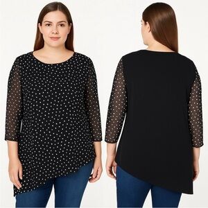 Chico's Travelers Polka Dot Asymmetrical Tunic Top Sz 2 (L) 3/4 Sleeve